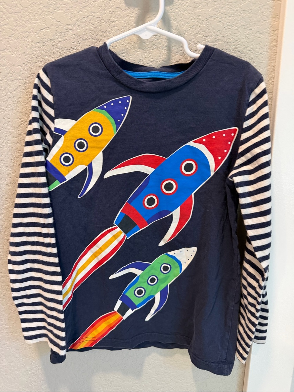 Mini Boden Navy Long-Sleeve Tee with Colorful Rocket Appliqués